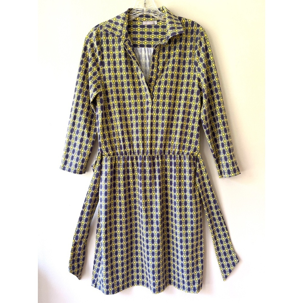 Ellie Kai Sz S Purple Yellow V Neck Midi Dress‎ Geo Print Soft Stretch A Line